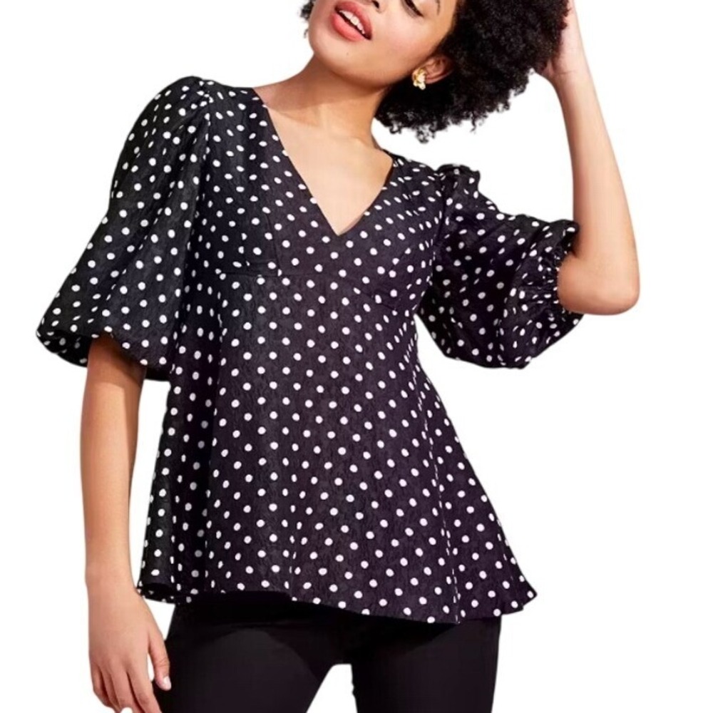 KATE SPADE Harmony Dot Cloque' Top Blouse Black White Polka Dot Women's Size 0